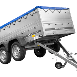 Remorque double essieux Garden Trailer 264/2 KIPP avec roue jockey, rehausses de ridelles et bâche plate bleue